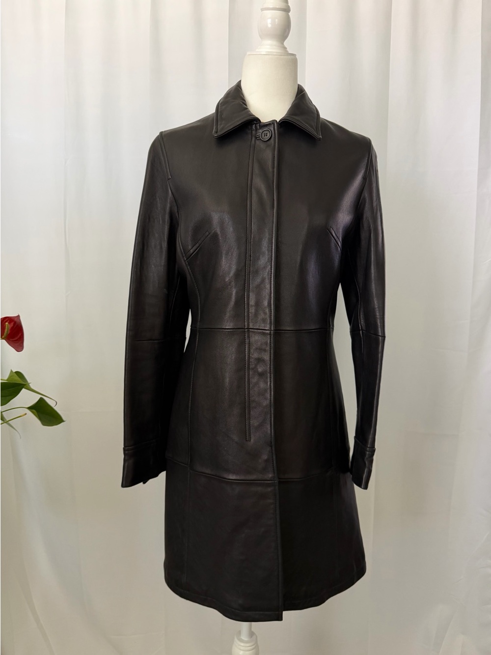 Tahari Black Leather Long Coat with Collared Neck